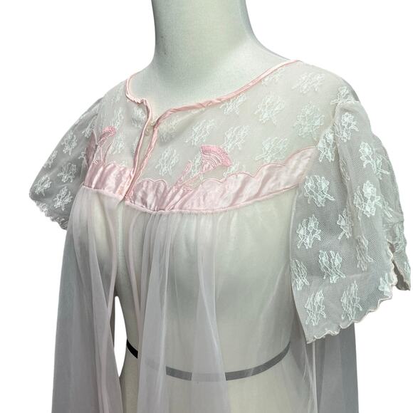Vintage 60s 70s Peignoir Negligee L Pink Floral Nylon Lace Sheer Retro Feminine - Picture 3 of 13